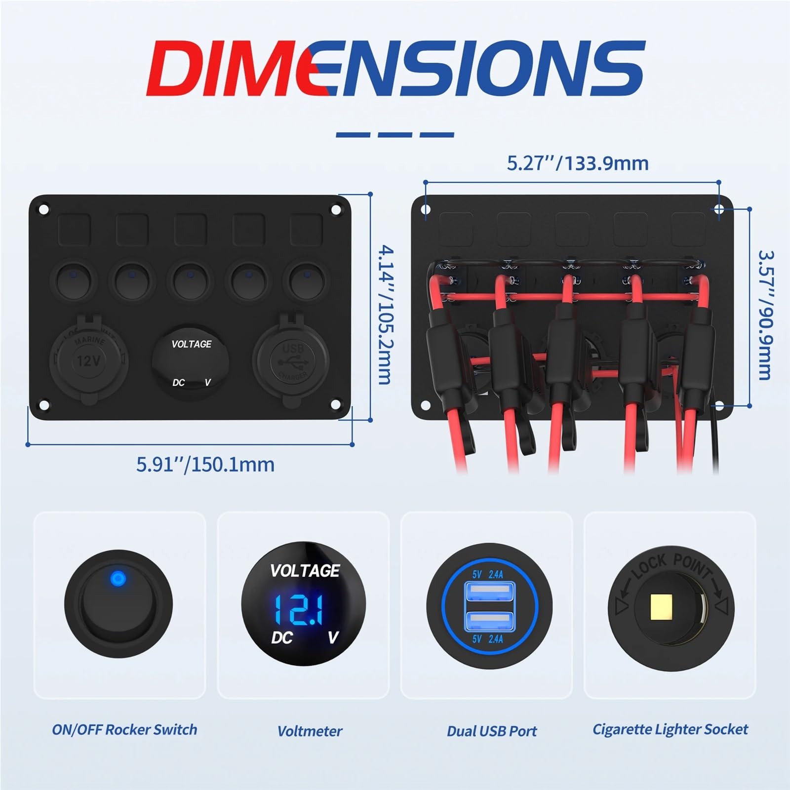 5-punktowy panel przełączników łodzi Wodoodporny panel przełączników samochodowych 2,4 A podwójny port USB 12 V gniazdo Cyfrowy woltomierz Niebieska dioda LED do samochodów