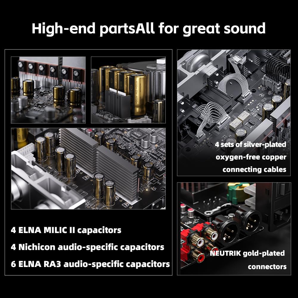 Collage of internal components including capacitors, cables, and connectors