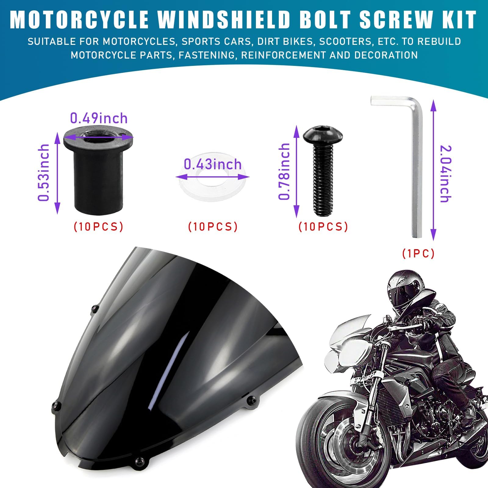 10PCS Motorcycle Windshield Bolts Screws Kit, Aluminum Motorbike Windscreen Screw Bolts Nuts Fastener Kit with Wrench, Windshield Body Mounting Bolts Nuts for Motorcycle (Black) - Image 2
