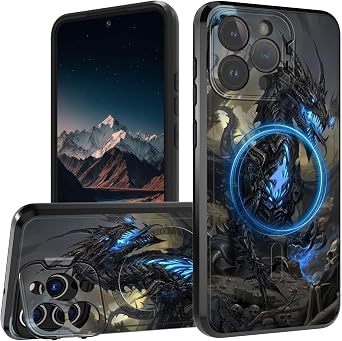 Magnetic Case for iPhone 16 Pro with Camera Cover Stand, Double Layer Rugged Shockproof Protective Case, Wireless Charging Compatible Case for iPhone 16 Pro 6.3 Inch, Dark Blue Flame Dragon