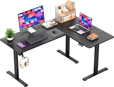 Furmax 63 x 48 Inch L Shaped Standing Desk with 2 Preset Heights, Electric Height Adjustable Computer Table, 2 Hooks & Feet Balance, Corner Sit Stand Desk for Home Office Black, 63 x 48 Inch