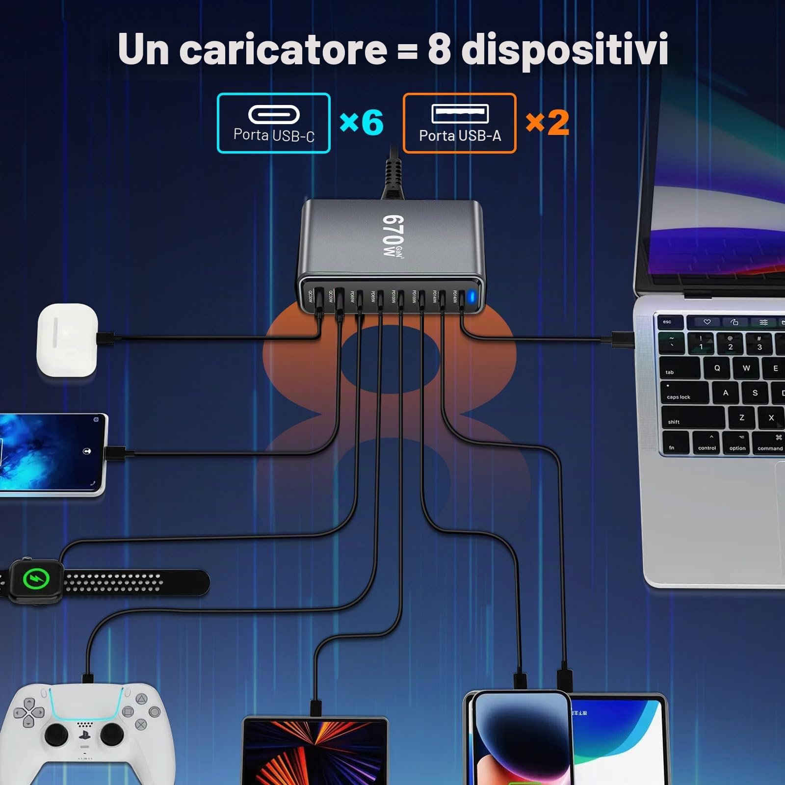 Caricatore USB C multiuso, 670 W, 8 porte, ricarica rapida per MacBook Pro/Air, iPad Pro/Air, Sumsung ecc, nero
