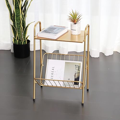 Miniatura 2 de H HOMEWINS Mesa auxiliar redonda de metal, mesa auxiliar pequeña plegable dorada para espacios pequeños, dormitorio, patio