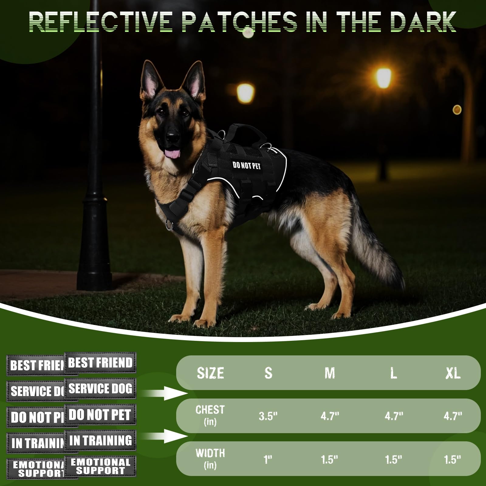 WINSEE - Arnés de malla de entrenamiento para perro con 10 parches para mascotas, malla de aire suave, transpirable, chaleco táctico Molle para perro, chaleco reflectante militar sin tirones, con
