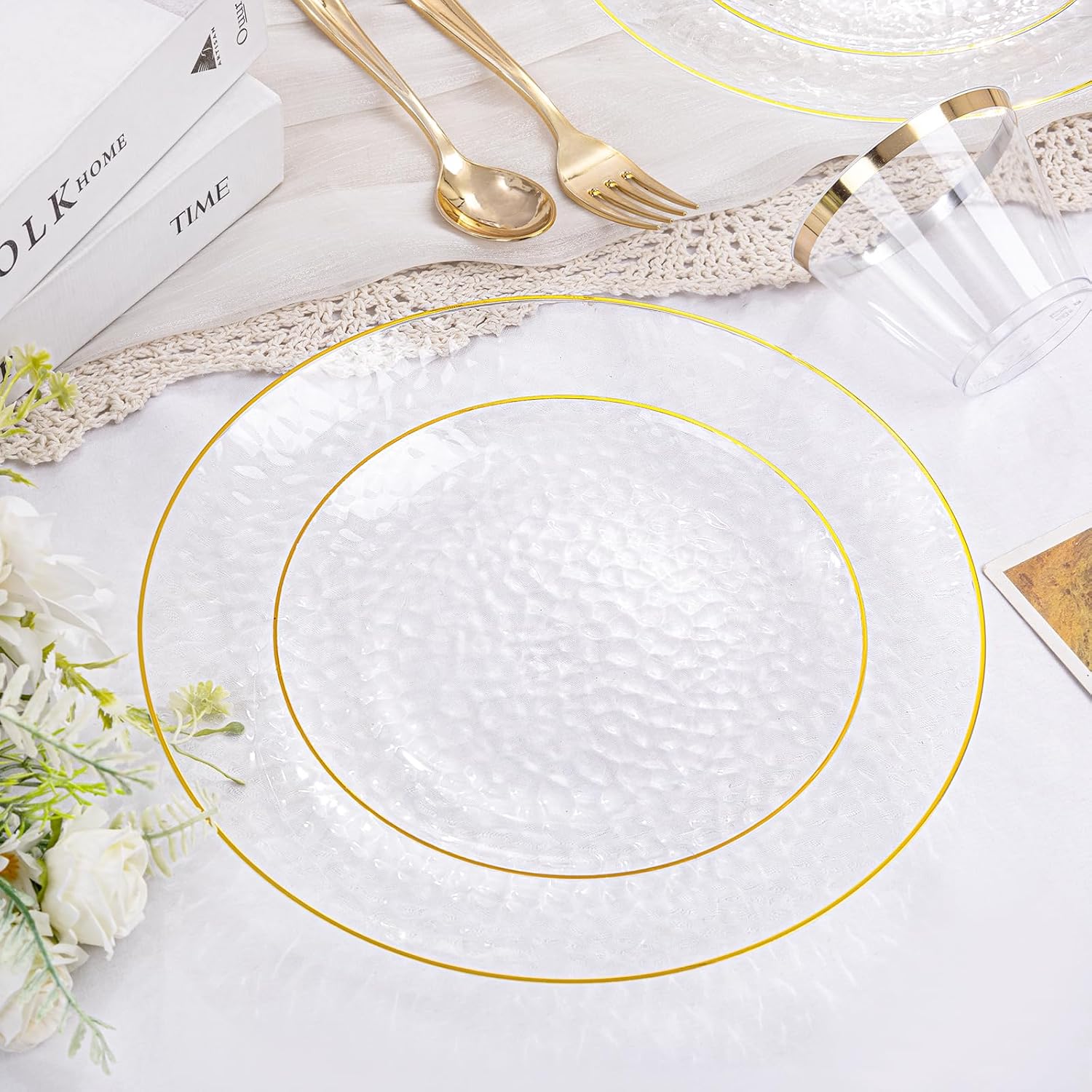 Rubtlamp 350 Pcs Clear Gold Plastic Plates, Hammered Disposable Dinnerware, Clear-Gold Plates Set Include 100 Plastic Platos, 150 Gold Disposable Silverware, 50 Cups And 50 Napkins for Party - Image 7