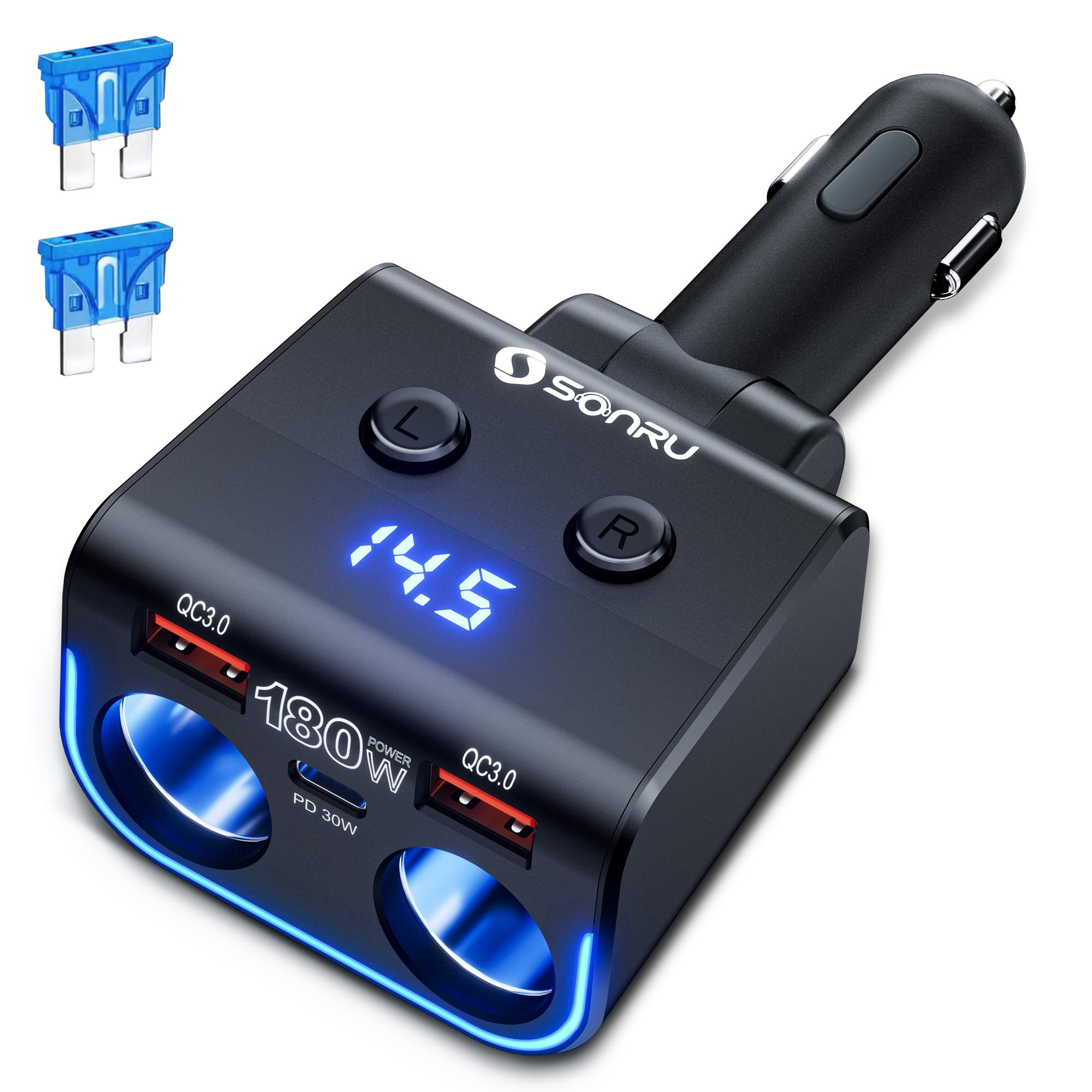 SONRU 180W シガーソケット usb 車 充電器 5in1 車載充電器 カーチャージャー スマホ【PD 30W&QC 3.0*2】急速充電 車 しがーソケット usb 独立スイッチ搭載 電圧計付き LED電圧計付き 12V/24V車対応 車用品 カー用品 iPhone/Android/MacBook Air/iPad対応