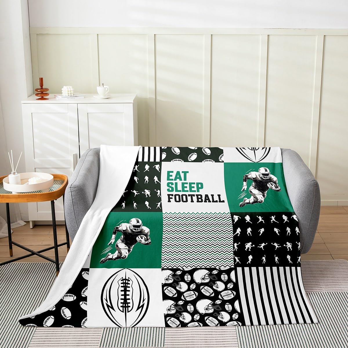 Erosebridal Football Throw Blanket for Boys Twin 60x80,Eat Sleep Football Blanket for Kids Youth,Football Player Fleece Blanket Lightweight,Sports Ball Game Patchwork Bed Blanket Home Room Decor
