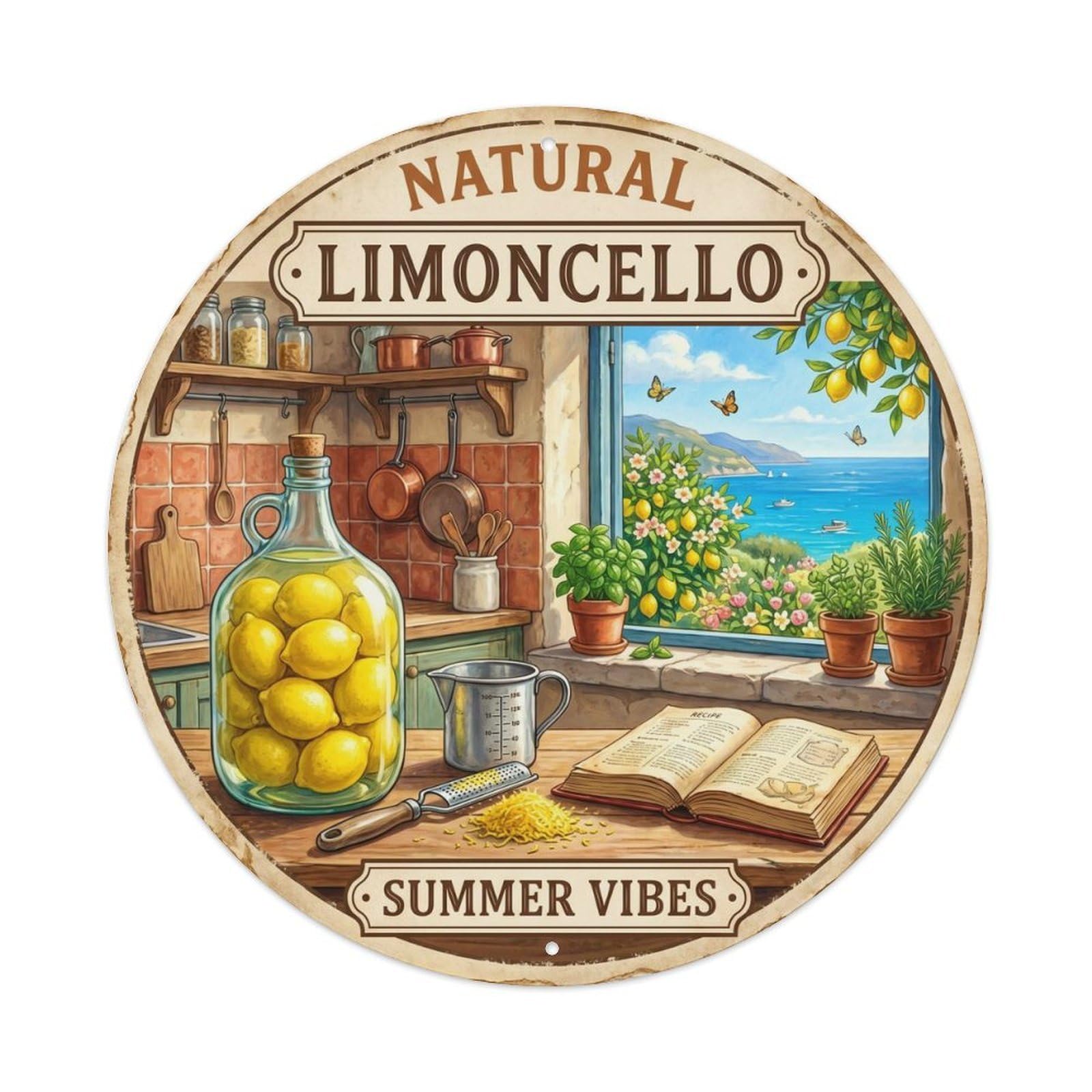 Authentic Limoncello Recipe Vintage Metal Tin Sign Plaque Wall Decor for Cafe, Club, Garden Round Metal Poster 8x8Inch