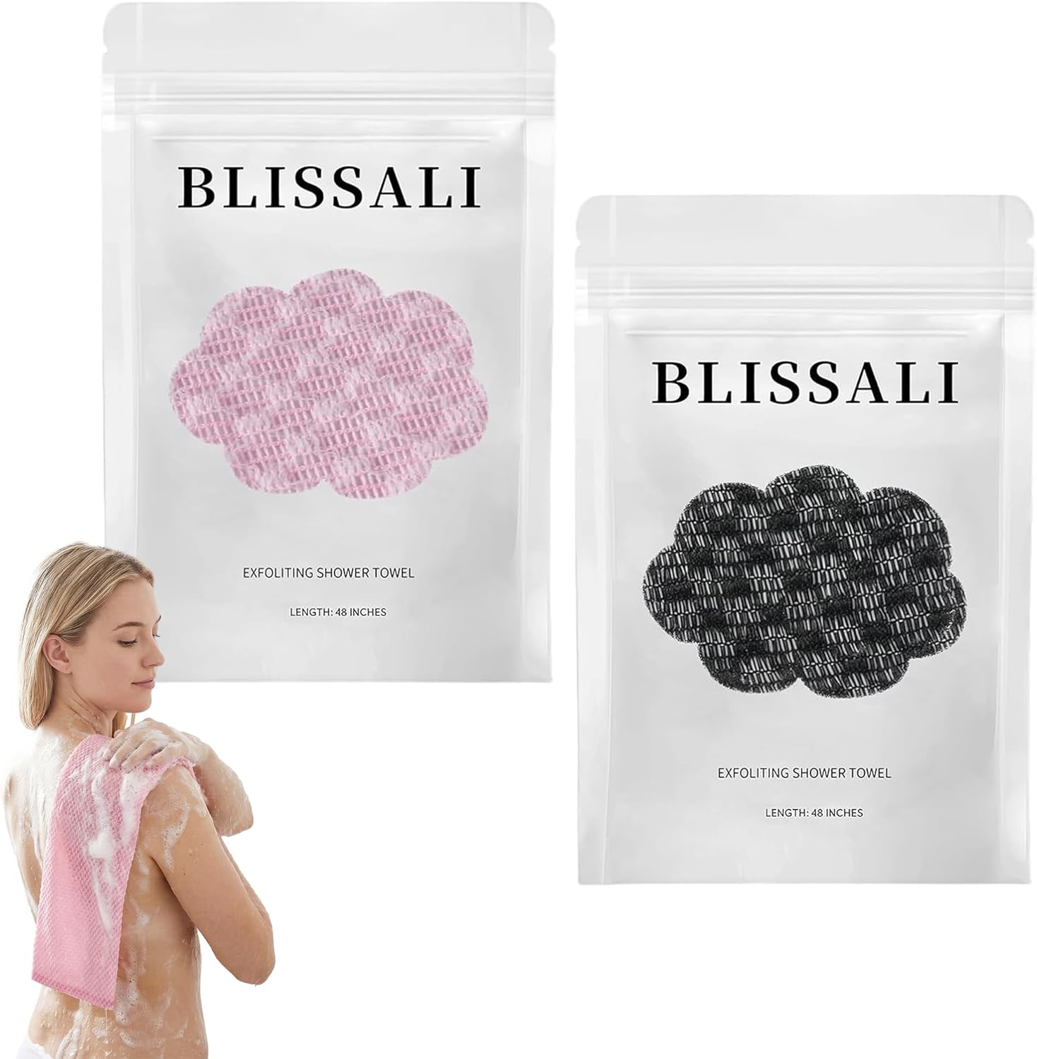Dual-Sided Exfoliating Shower Towel with Extra-Long Handle, Premium Body Scrubber for Back Exfoliation，Black and Pink (2-Pack)