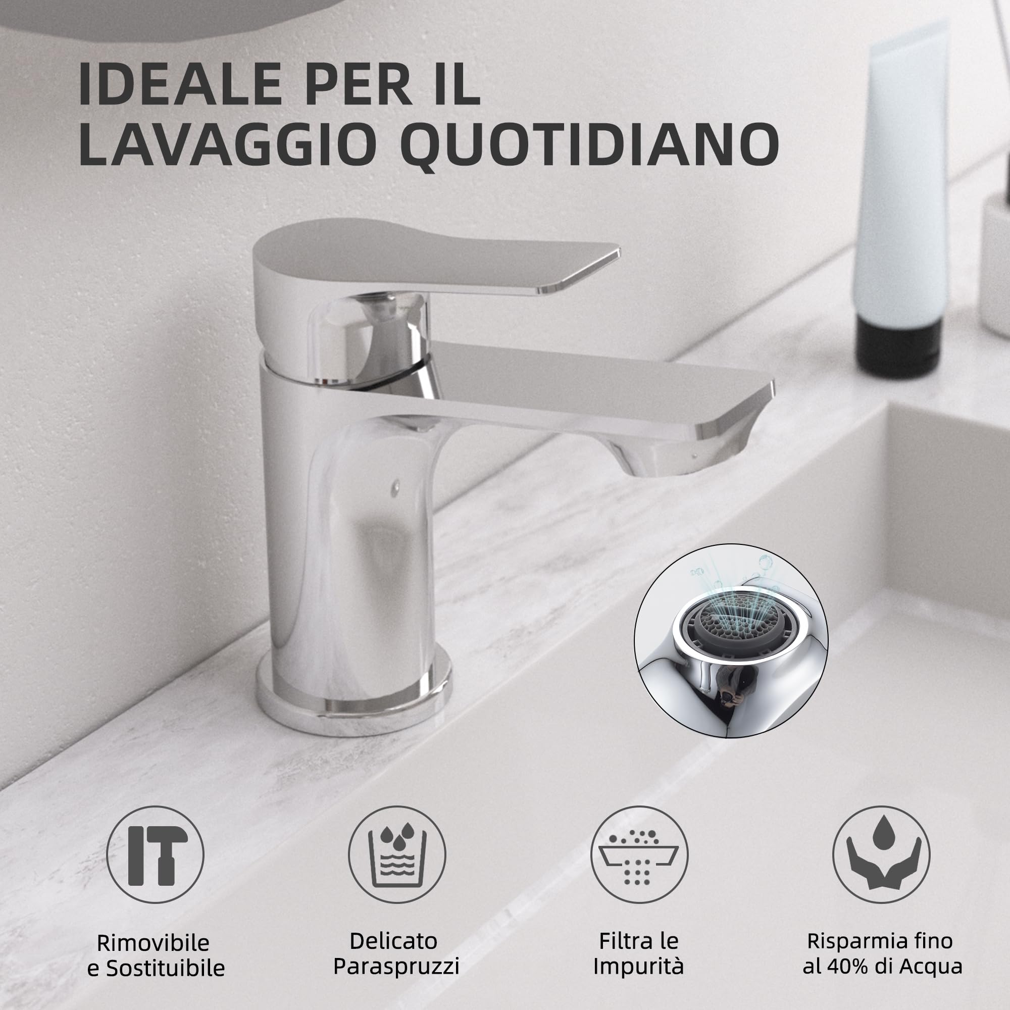 BELZ Rubinetto da Bagn, Miscelatore Monocomando in Ottone Massiccio, Rubinetteria per Lavandino a Risparmio Idrico e Durevole, Cromato