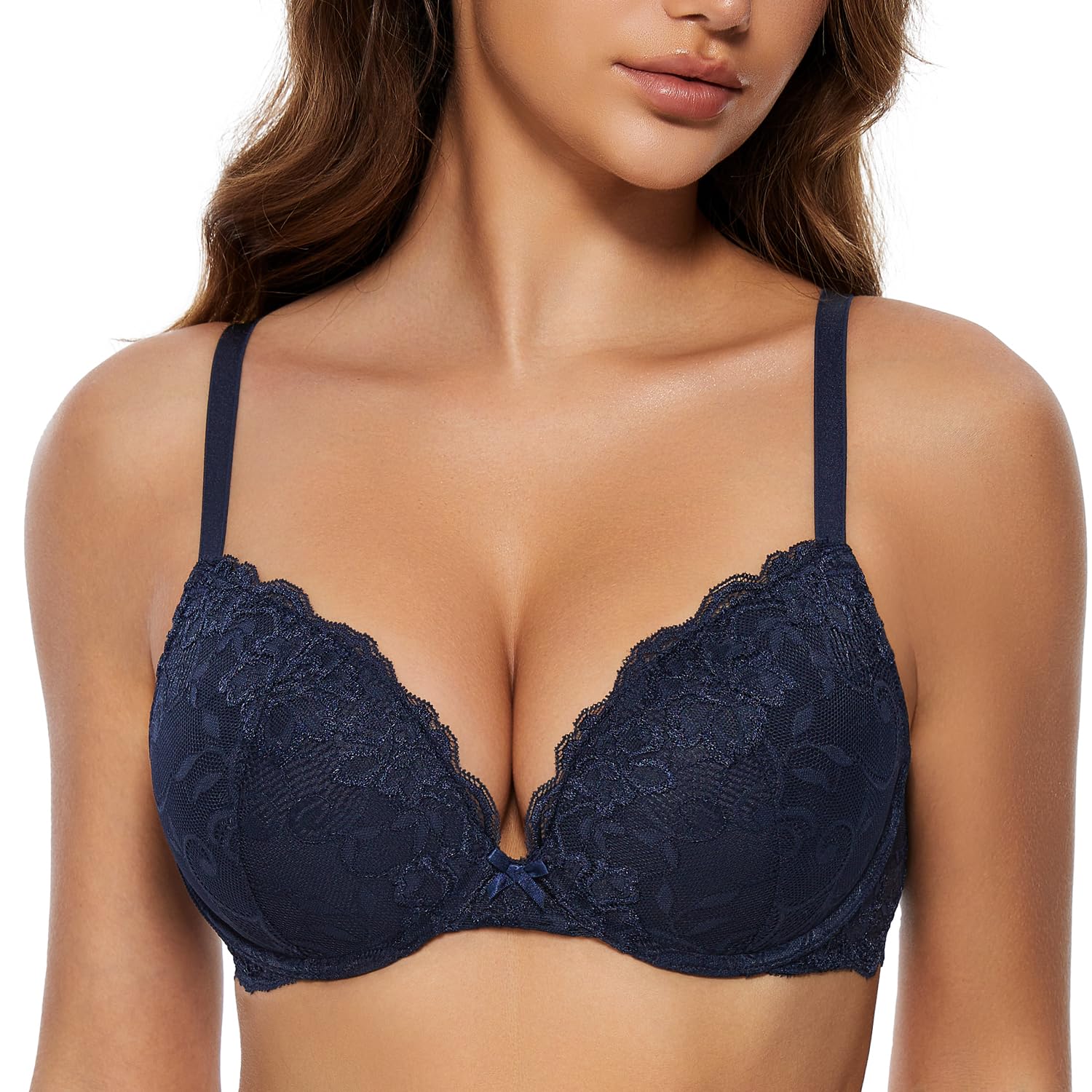 Wingslove Damen Push Up BH mit floraler Spitze gepolsterter Bügel BH Komfort BH