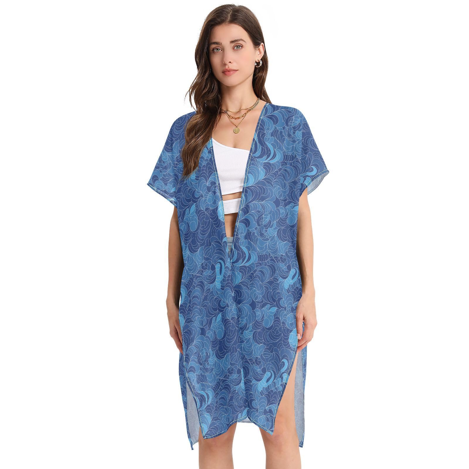Guilloche Blue Cover Ups for Women Long Swimsuit Cover Up Beachwear L size