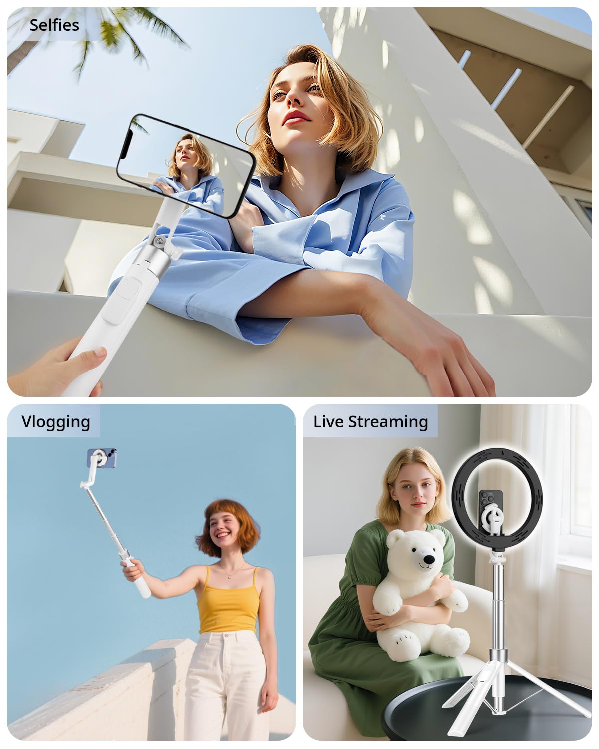 Victiv 178cm Magnético Tripode para Movil, Tripode Magsafe Palo Selfie para iPhone 17 16 15 14 13 12 Pro MAX & Android, Trípode Móvil Extensible Selfie Stick con Control Remoto Desmontable -Blanco