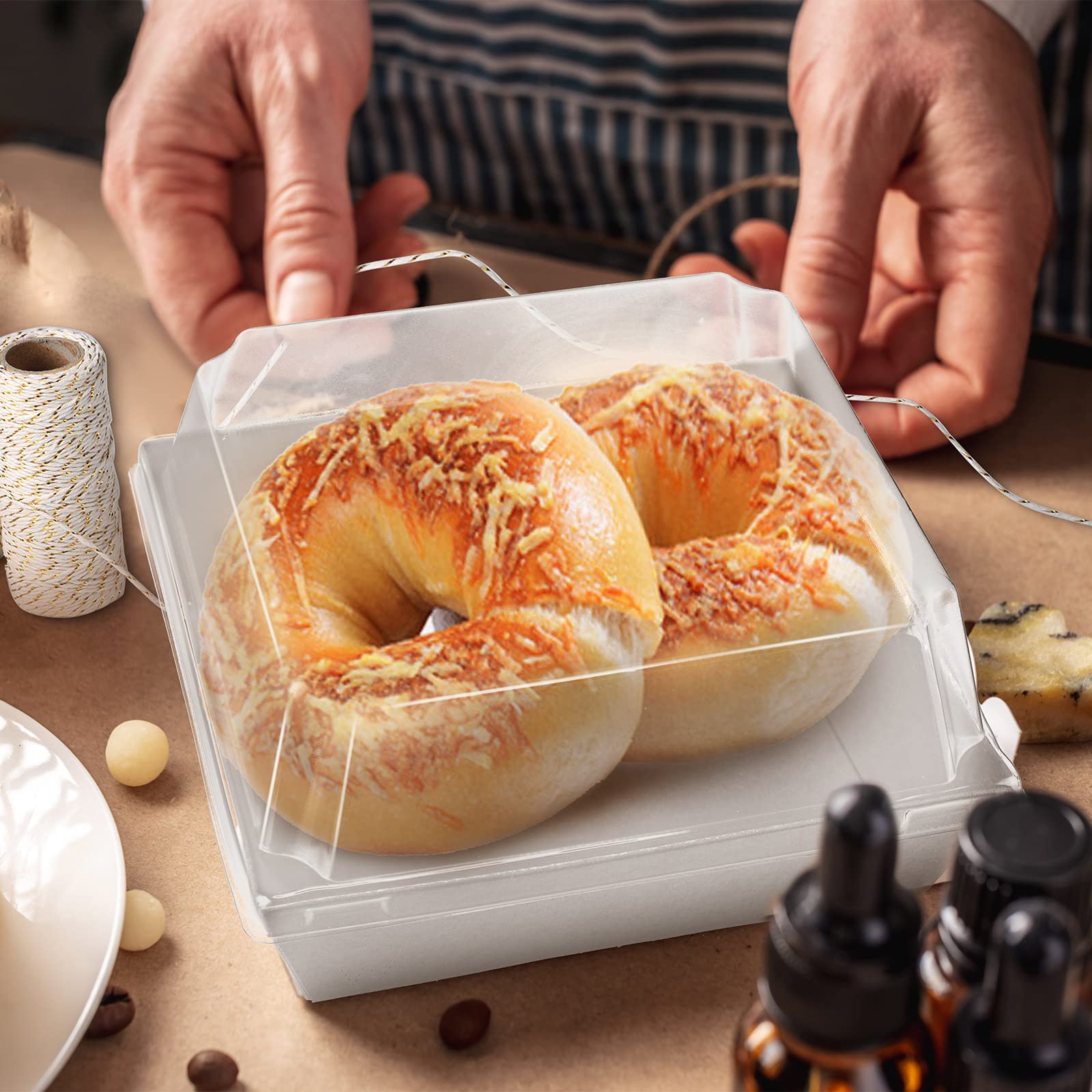 150 Pack Charcuterie Boxes with Clear Lids and Rope 4 Inches Cake Boxes Disposable Square Dessert Boxes Food Box Containers with Lids for Bakery Macaron Cookies Strawberries Fruits Display (White)