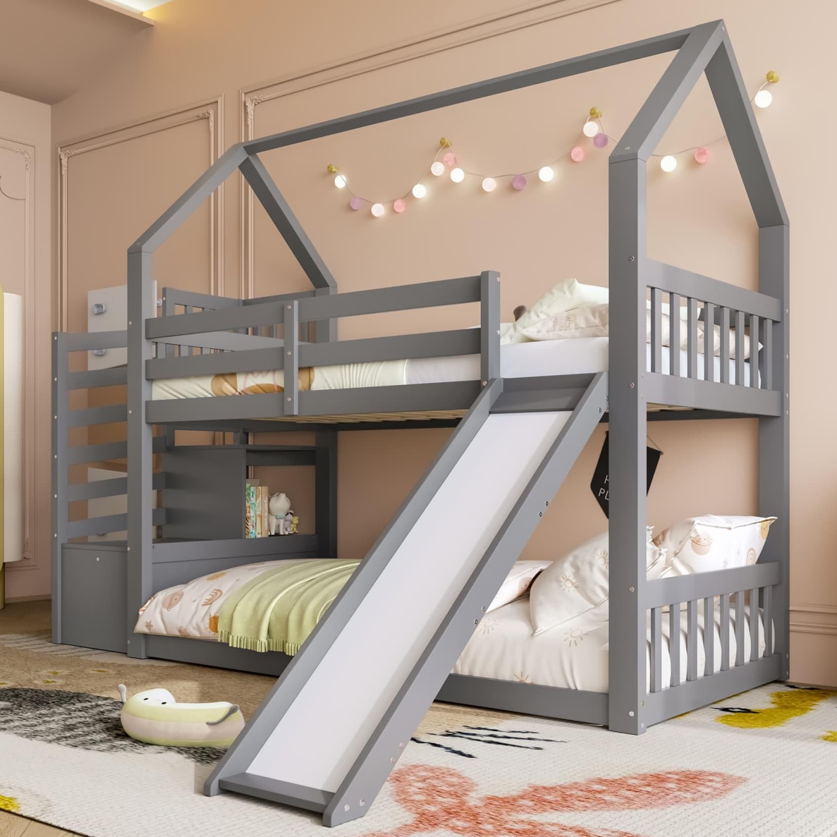 EURHCIO Lit Superposé 90x200cm,Lit Cabane avec Toboggan,Escalier de Stockage,Barrières Hautes,Sommier à Lattes Solide,pour Garçons Filles (Gris)