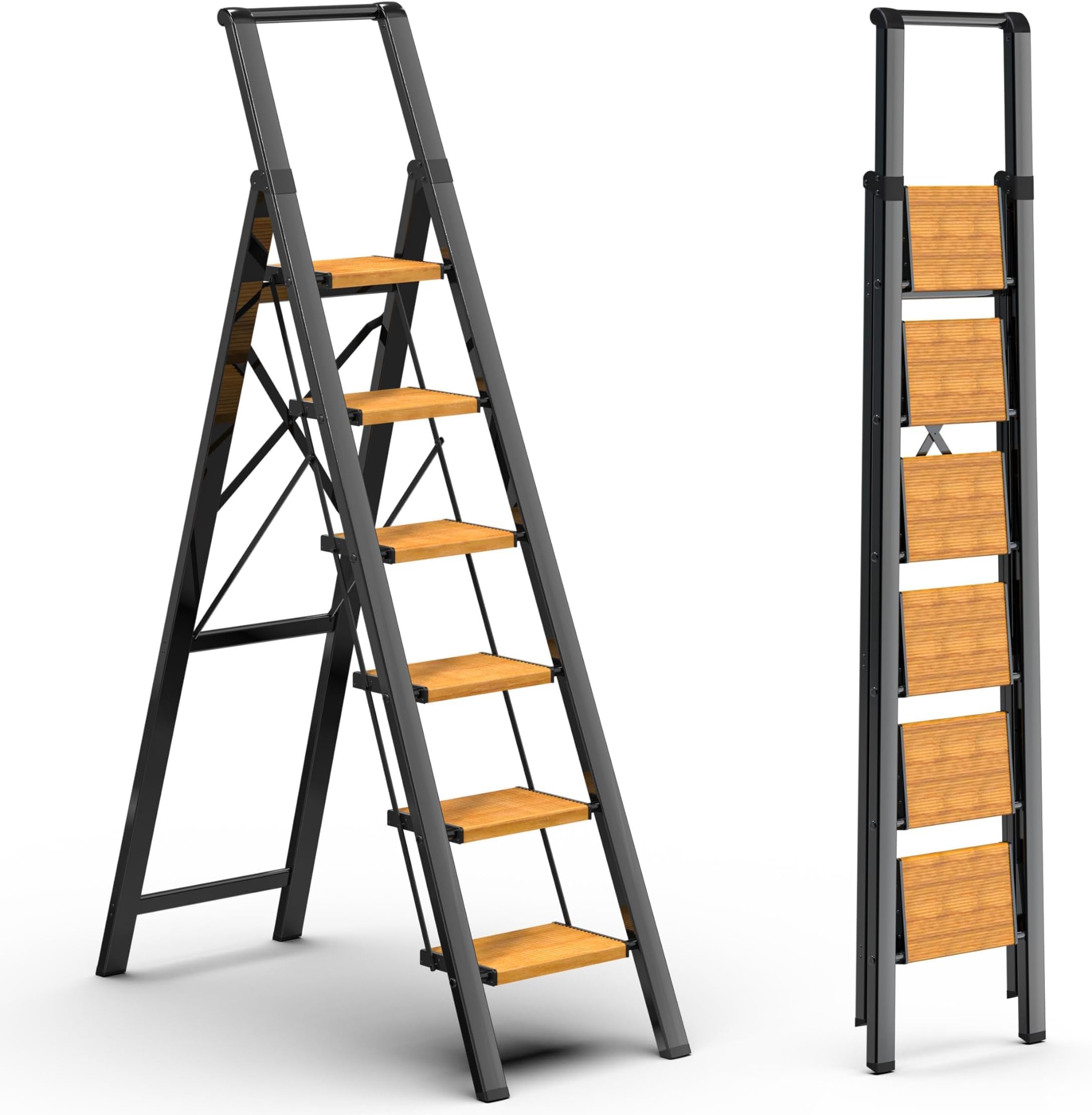 6 Step Ladder, Foldable 6 Step Stool, Black & Woodgrain