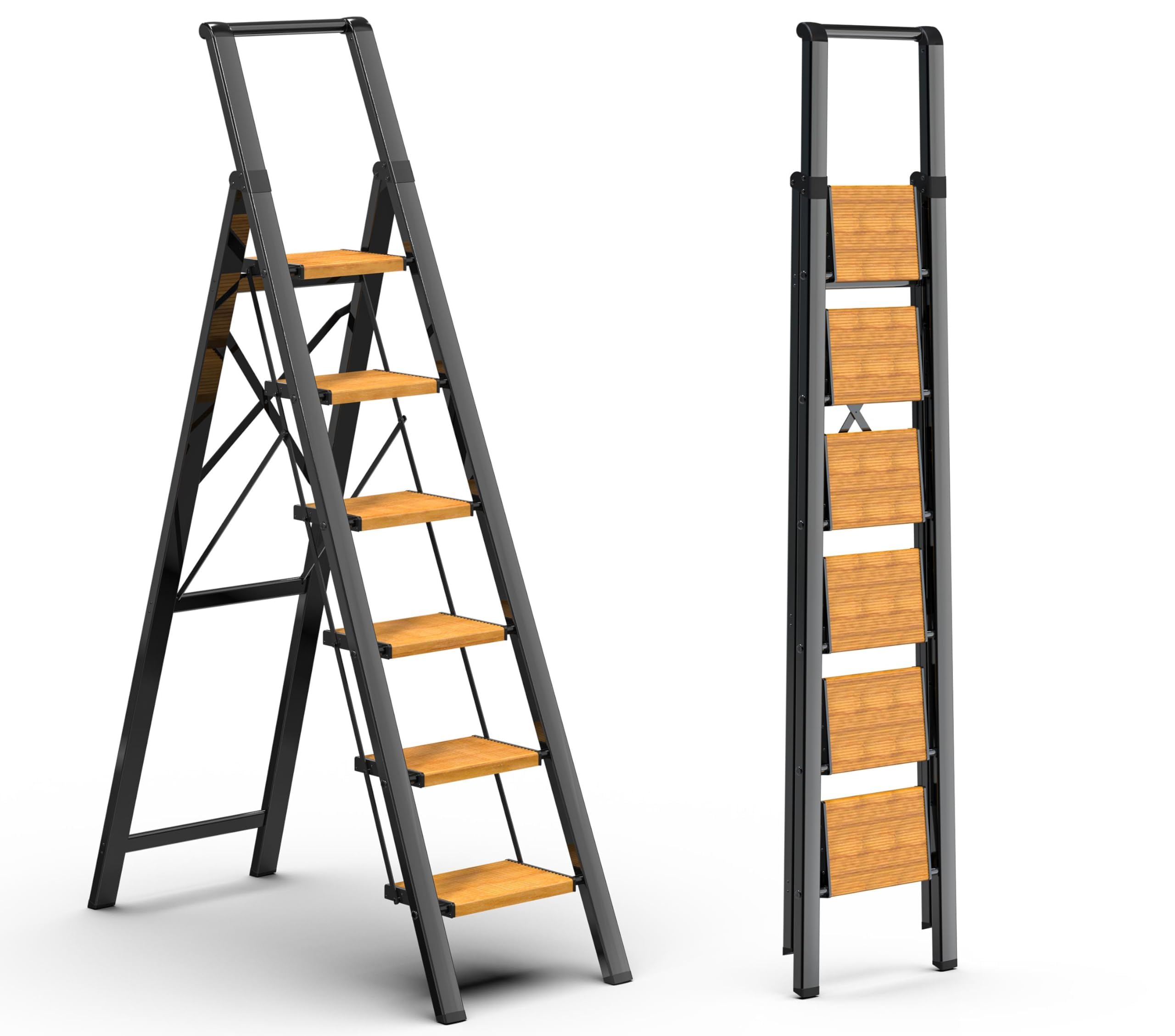 6 Step Ladder, Foldable 6 Step Stool, Black &amp; Woodgrain