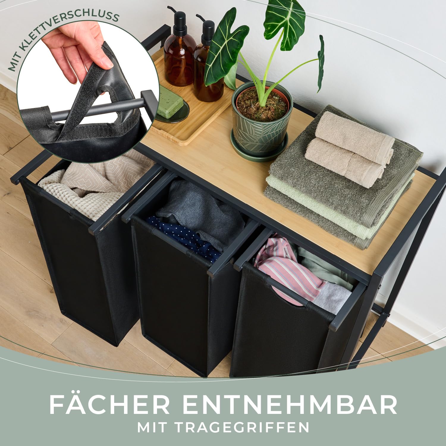 Blumtal Wäschesammler 3 Fächer Schwarz - Wäschekorb mit Ablage in Bambus-Optik - Wäscheschrank mit Metall-Rahmen in Schwarz - Wäschekorb mit Beinen - Wäschesortierer 3 Fächer/Schmutzwäschebehälter