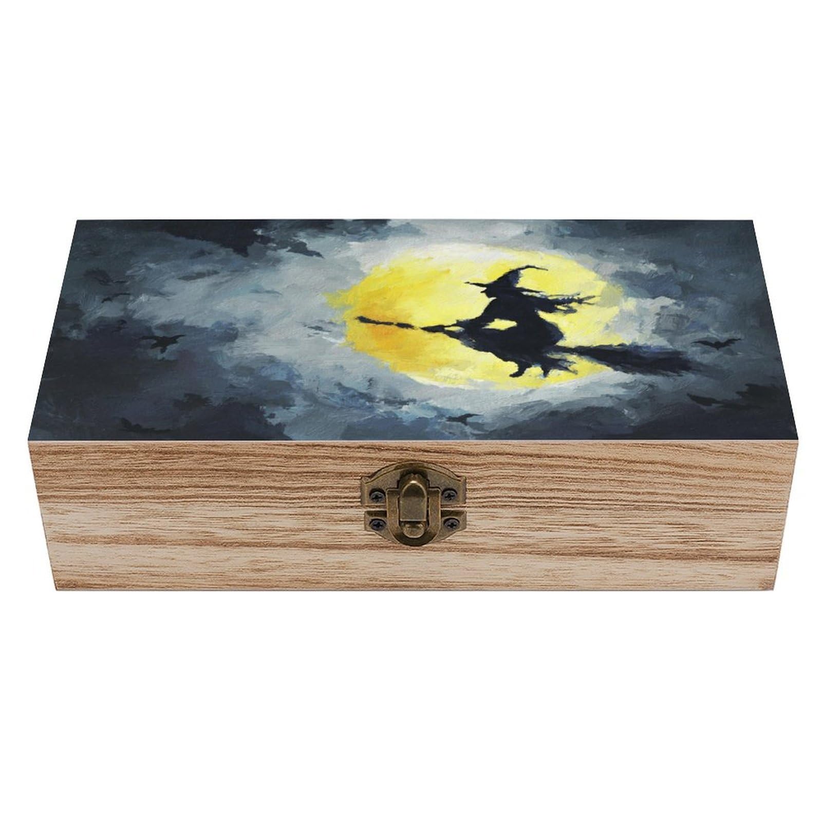 Ahdyr As Pic Witch Flying On Broomstick Moonlight Wooden Storage Box With Hinged Lid And Front Clasp Large Keepsake Box
