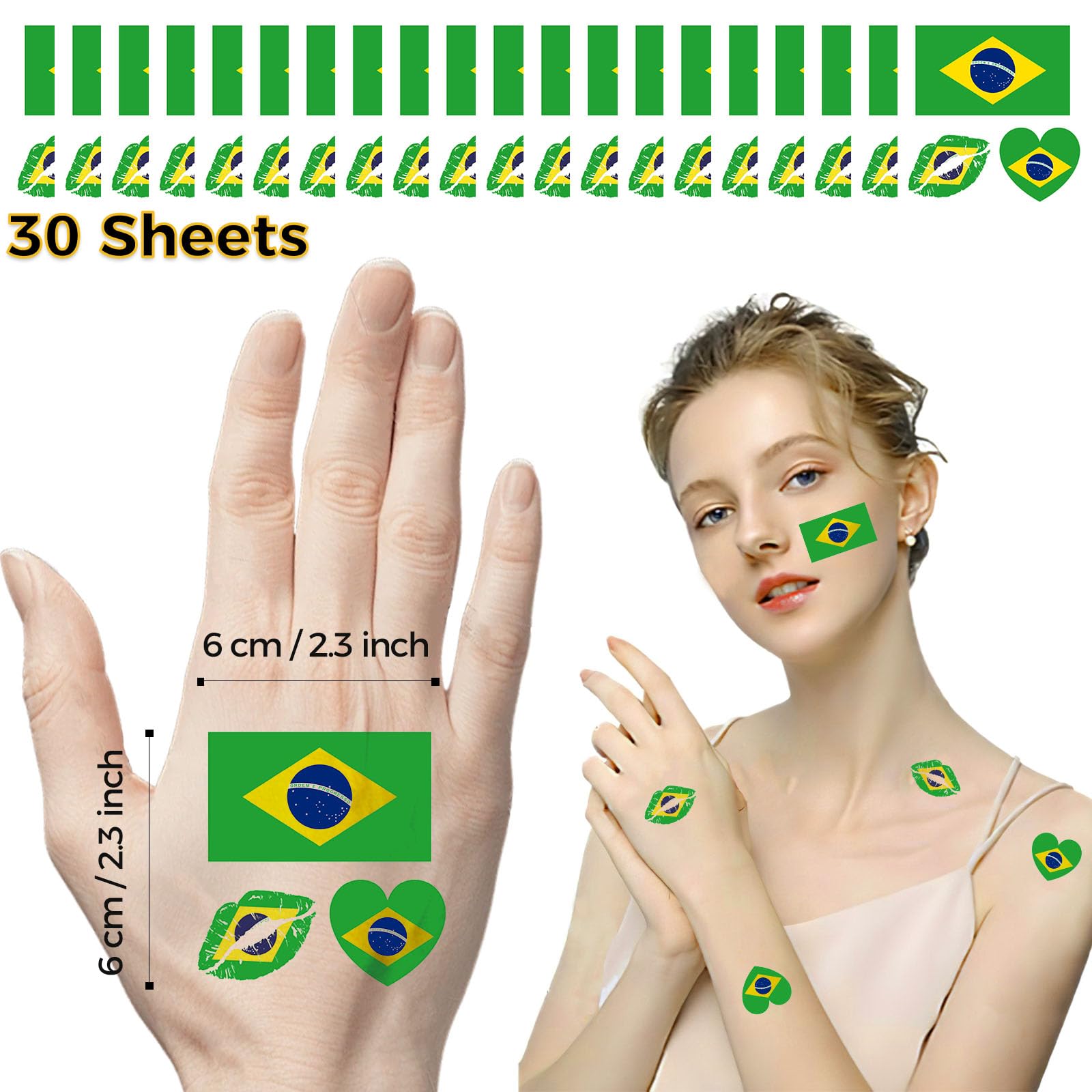 Brazil Flag Tattoos, 30 Sheets Brazil Flag Temporary Face Tattoos Stickers, 90 Pcs Waterproof Sweat National Flag Removable Fake Tattoos