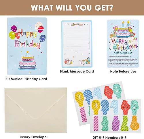 Miniatura 7 de ZOEDO Tarjeta desplegable de cumpleaños musical 3D, vela con luz LED y tarjeta de felicitación de cumpleaños con tarjeta de notas en blanco y sobre