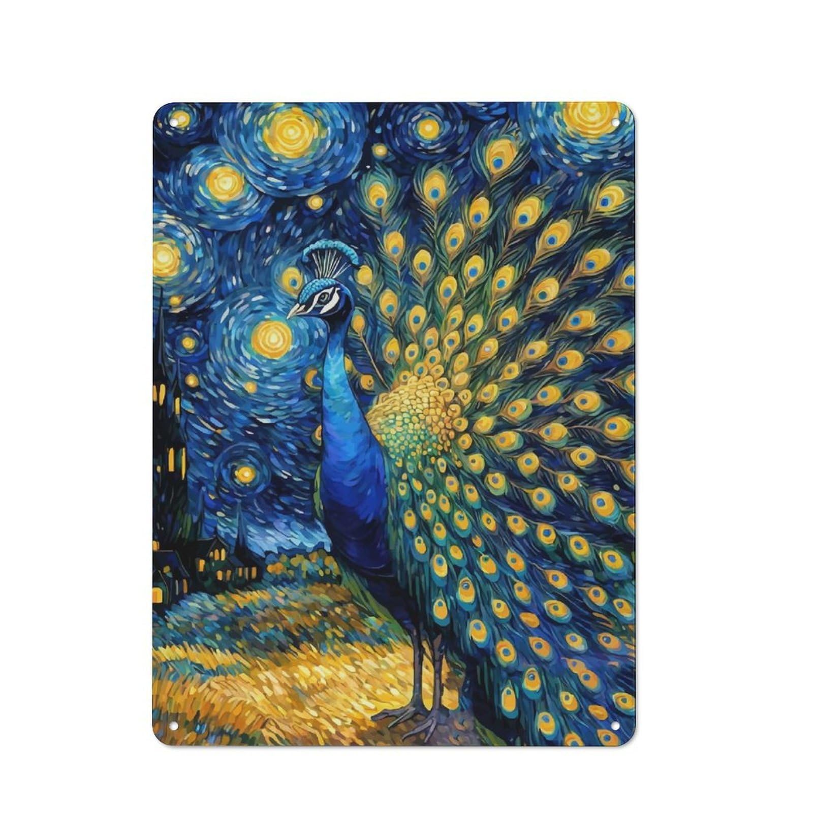 Junmoney Peacock Under Starry Night Warehouse Style Decorative Metal Plaque 40X30cm, Industrial Wall Decor For Loft, Studio, Office Or Creative Room