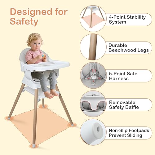 Miniatura 5 de Silla alta convertible 9 en 1 con asiento elevador, trona de madera para bebés y niños pequeños con bandeja extraíble y arnés de 5 puntos, asiento