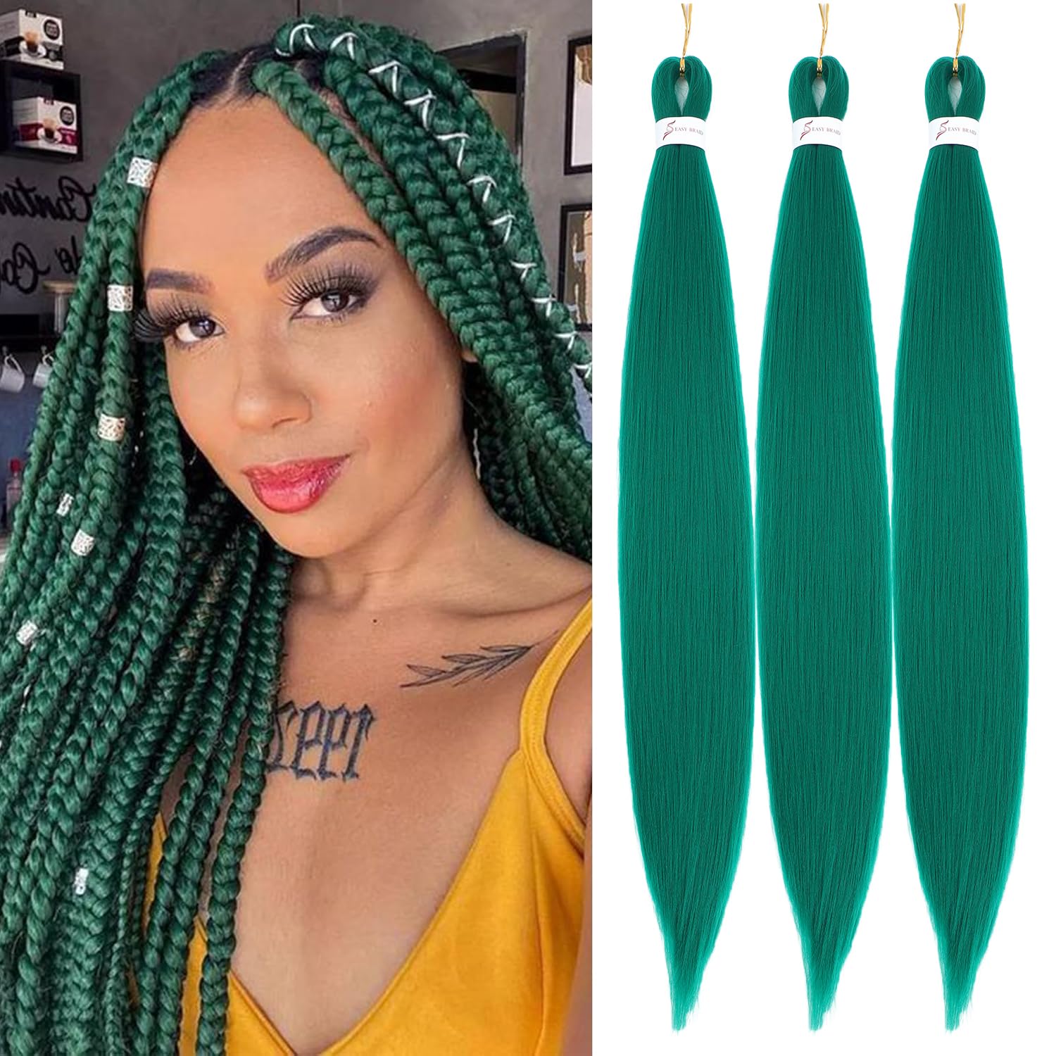 Green Braiding Hair Pre Stretched 24 Inch 3 Packs Pre Stretched Braiding Hair Professional Synthetic Hair For Braiding Crochet Twist Braids Soft Yaki Texture(24",Green-3P)