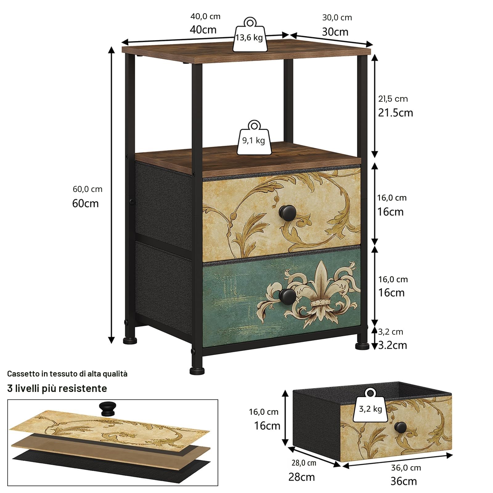 VEDECASA Comò con 2 cassetti e ripiano aperto, armadio con cassettiera, tavolo da trucco bohemio, armadio portaoggetti, comodino, tavolino per soggiorno e camera da letto, struttura in acciaio stabile
