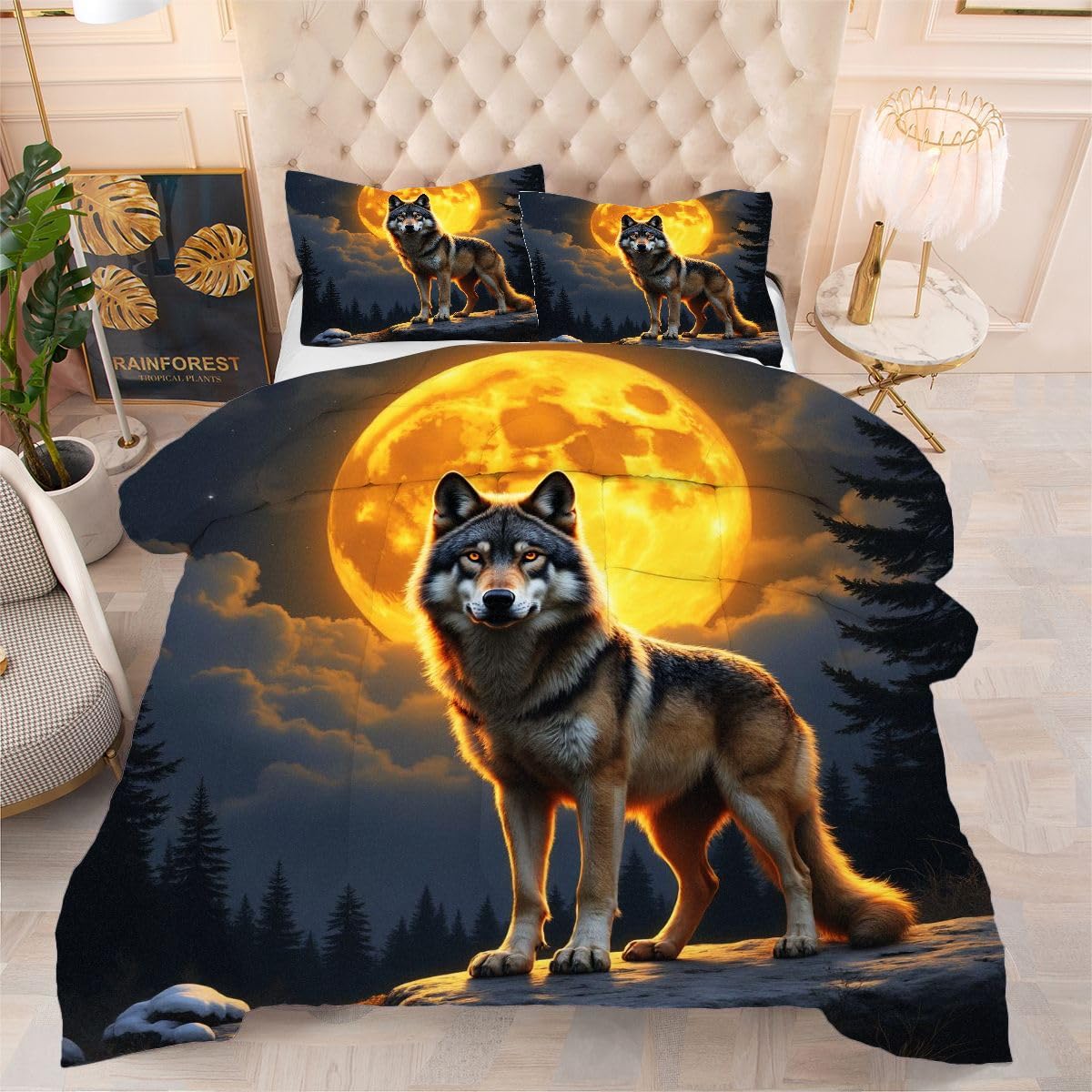 Couette 240x260 cm loup brun avec 2 taies d'oreiller pour lit deux personnes