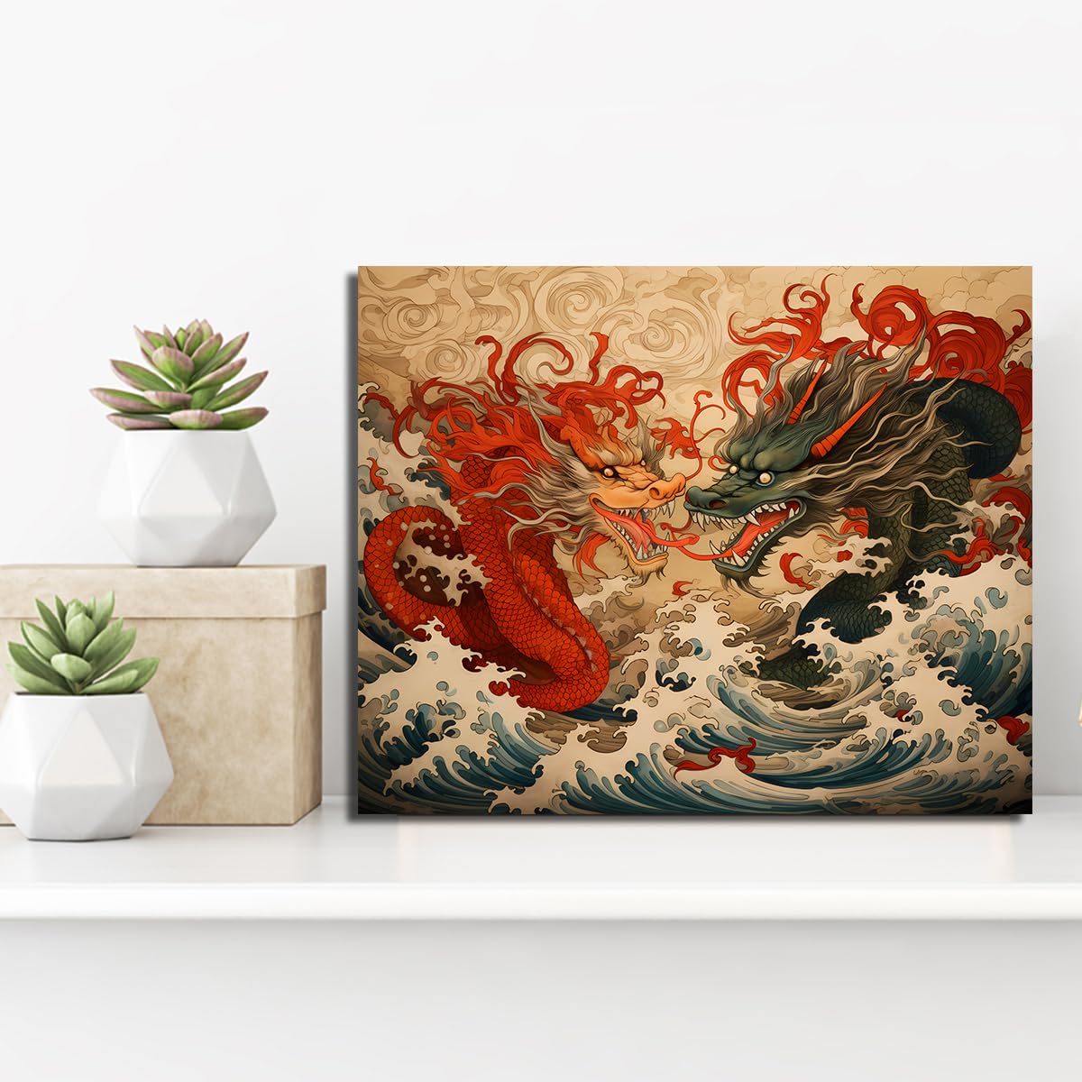 Via Vela Fresques de style asiatique traditionnel affiches imprimées dragon et vagues abstraites sur toile art mural rétro pour la décoration hôtelière 90x120cm