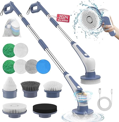 Miniatura 1 de HOVOBO Limpiador eléctrico giratorio 13 en 1 para limpieza, limpiador de ducha impermeable IPX8 con mango largo y 11 cabezales, cepillo de limpieza