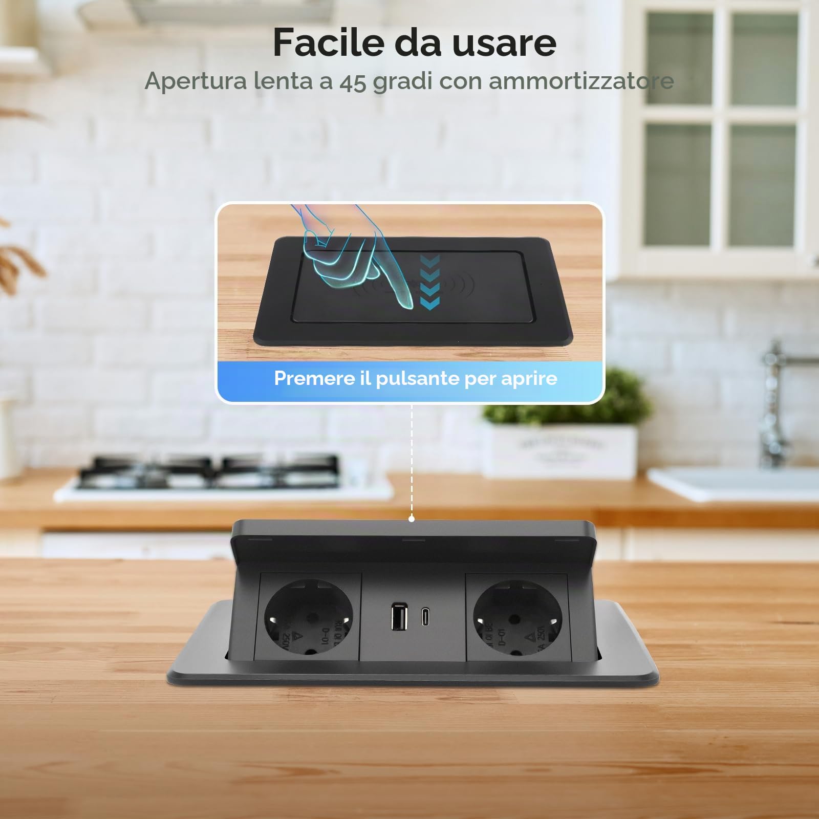 Presa da incasso per cucina con caricabatterie wireless da 15W e USB C PD20W, presa da incasso a 2 prese, presa da tavolo, caricabatterie rapido pop-up per tavolo da ufficio