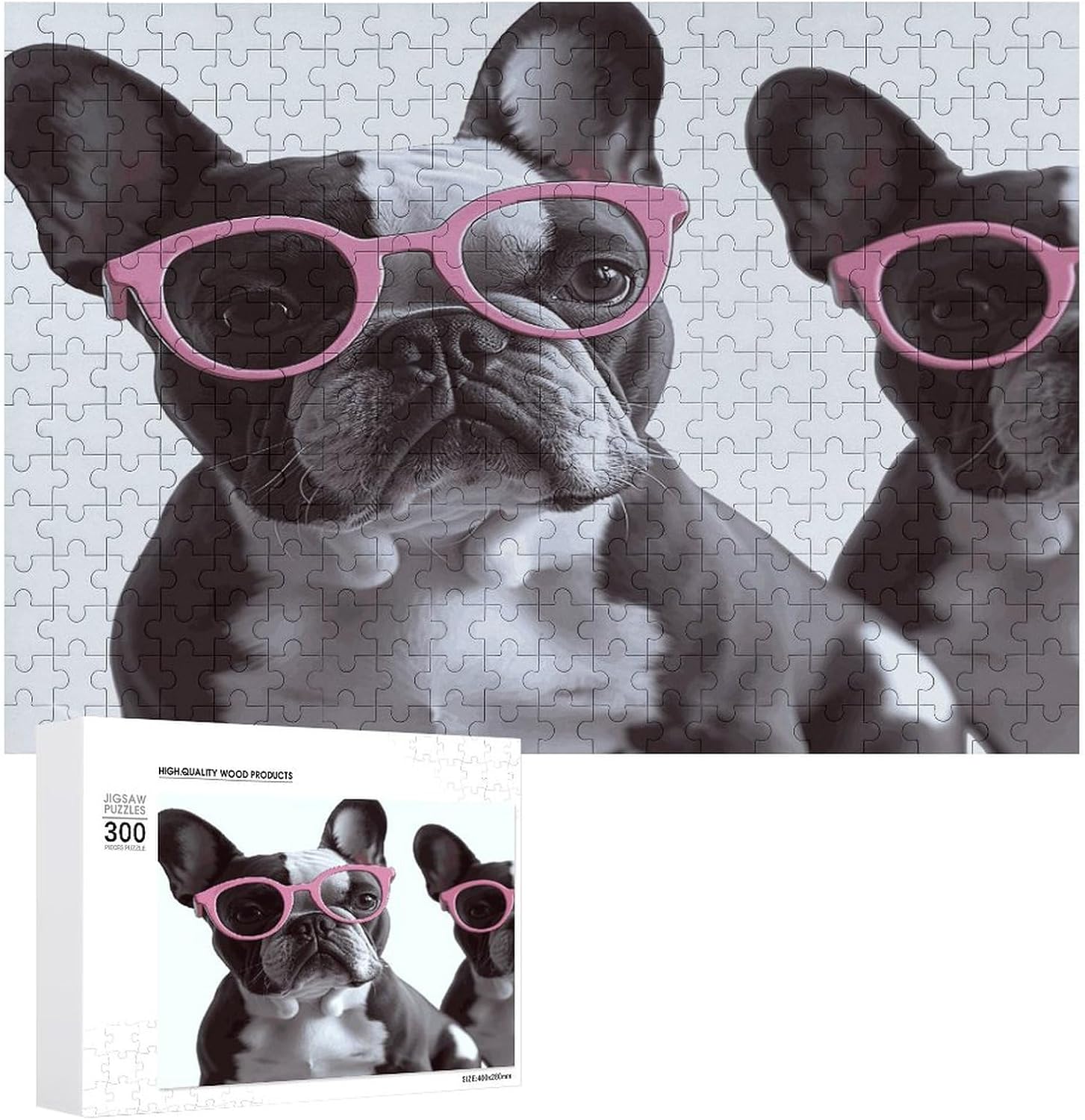 Wooden Puzzle for Adults, Suitable for Home Use, French Bulldog Pink Glasses Printed, Perfect Match