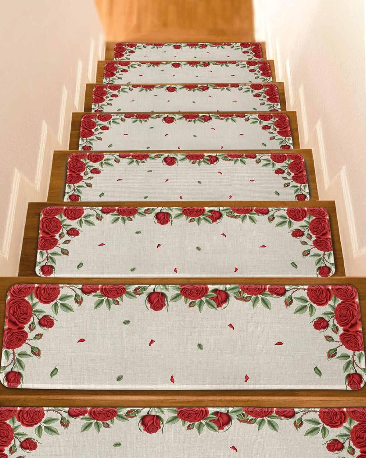 Stair Treads 8"x30"(15 pcs),Valentine's Day Rose Flower Leaf Indoor Stair Runners Carpet Stair Tread,Red Floral Linen Texture Non-Slip Staircase Step Treads for Kids,Elders,Pets