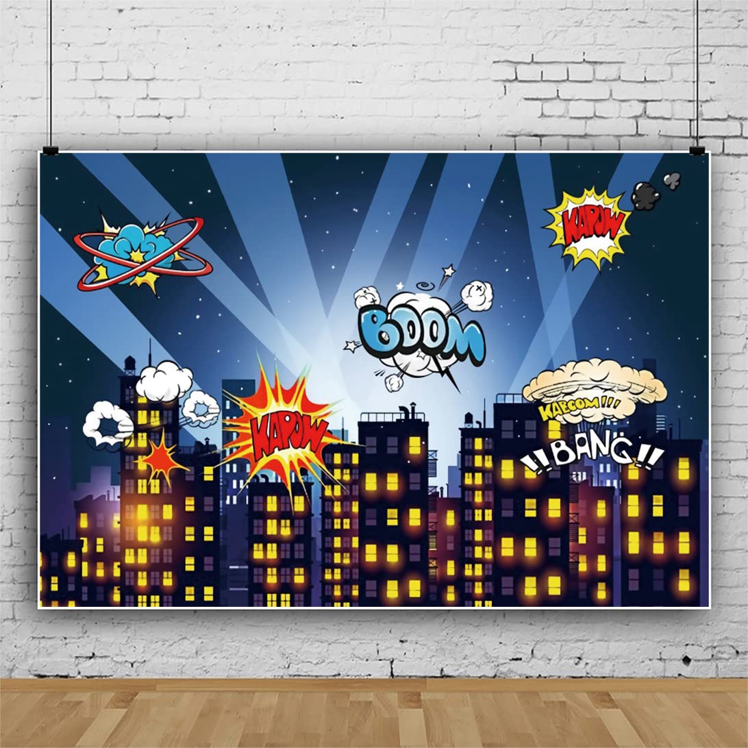 Super Città Sfondo 3x2m Fumetti Notte Paesaggio urbano Stellato Star Boom Sfondi fotografici Baby Shower Bambini Festa di compleanno Banner Forniture Studio Foto Prop Vinile