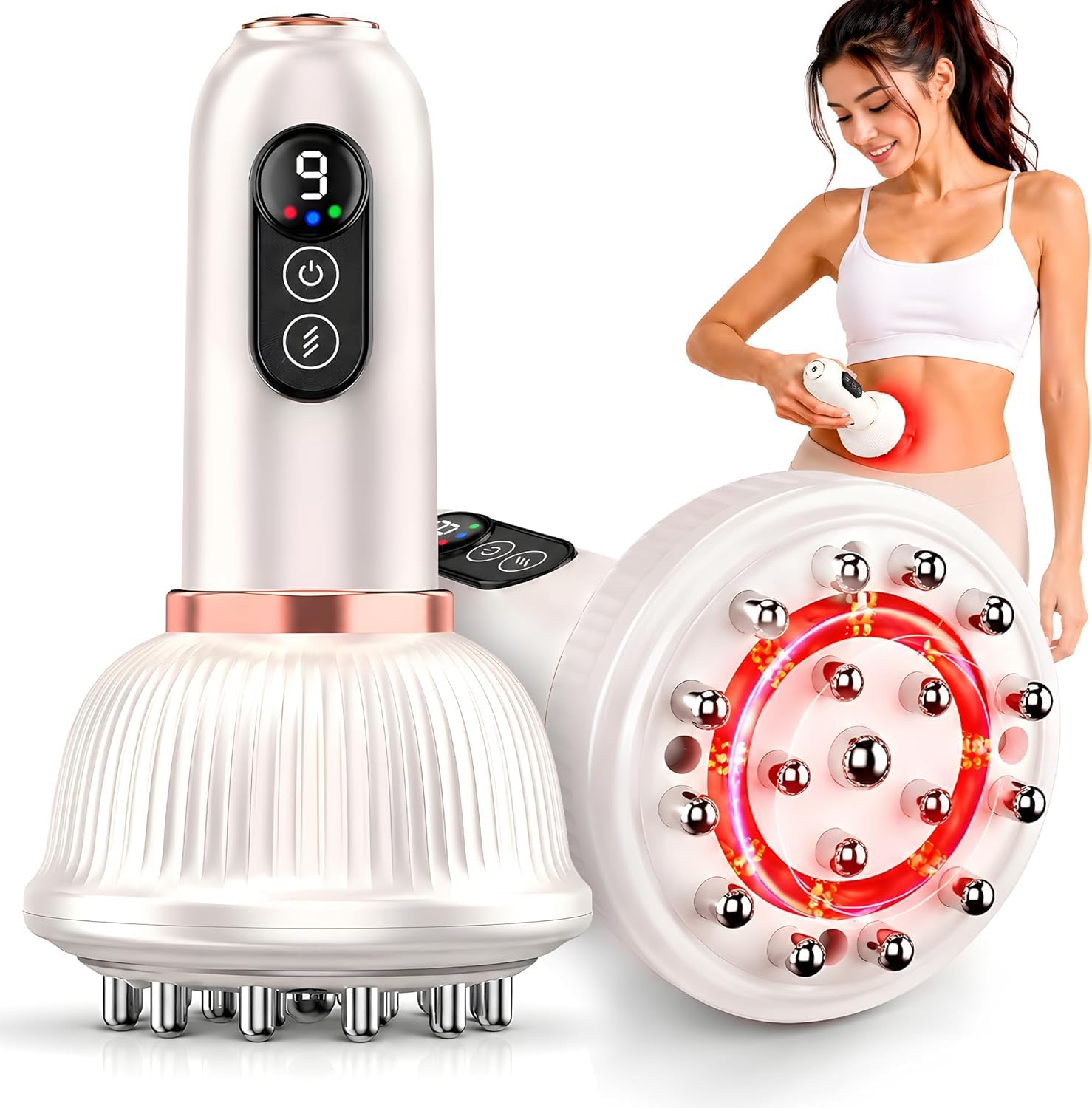 5 in 1 Lymphatic Drainage Massager with Microcurrent, Light, Heat, Vibration - Anti Cellulite Massage for Arms, Legs, Belly Stretch Marks, Sciatica Nerve pain relief - Body Sculpting Machine, White