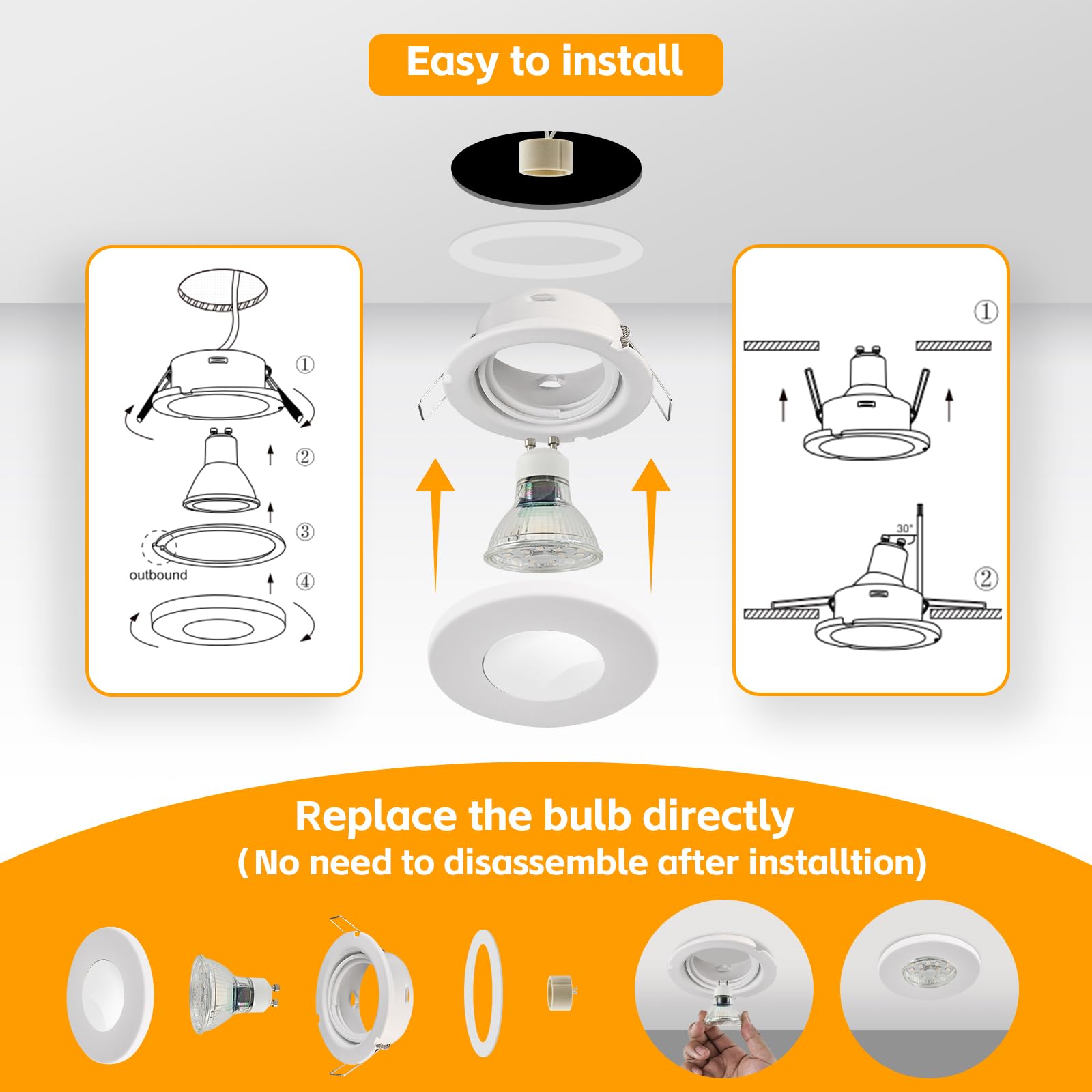 GeyouLux 4x Spot LED Encastrable IP65 Cadre Avec Douille GU10, Spots de plafond en Fer Blanc, Rond plat Spots Salle de bain spot cadre d'encastrement 68mm pour extérieur- intérie