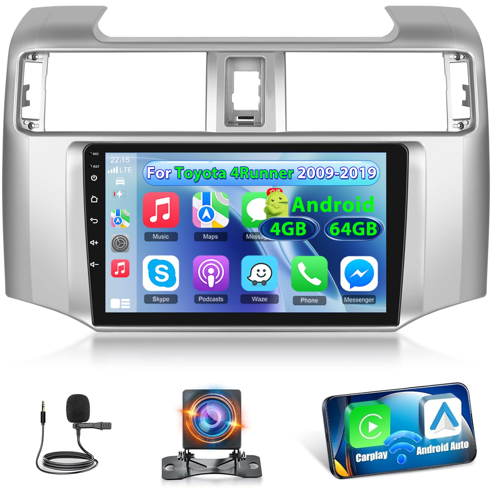 [4+64G] NHOPEEW for Toyota 4Runner Car Radio 2009-2019 with Wireless Carplay and Android Auto - 9 Inch Touchscreen Android Car Stereo - GPS/EQ Audio/WiFi/SWC/Mirror Link + AHD Backup Camera