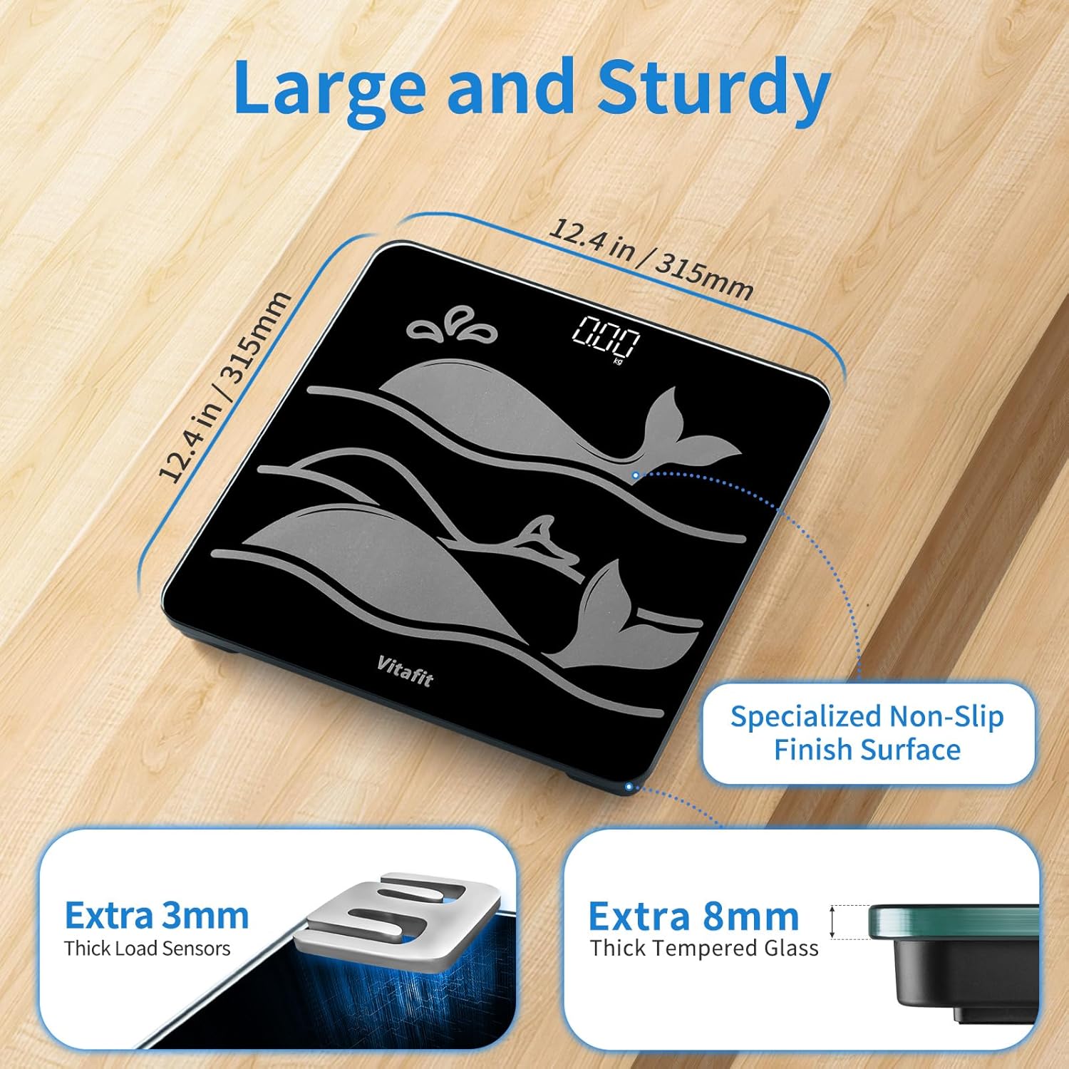 Vitafit scale on a wooden floor, highlighting its large 12.4x12.4 inch platform, 8mm tempered glass, and non-slip finish.