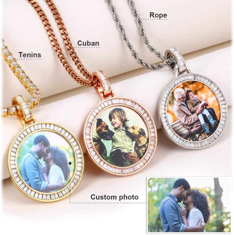 TUHE Custom Picture Necklace Personalized Photo Pendant, Memory Necklace with Picture, 18K Gold Plated Cubic Zirconia Rip Chains - Birthday Christmas Gifts for Him Her Mom (17