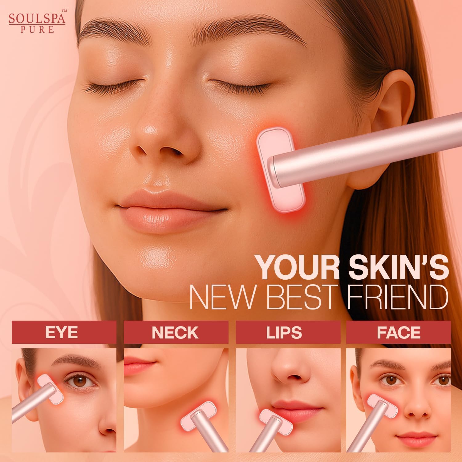 Soulspa Pure Face Massager 7 in 1 LED Red Light Wand for Face, Neck & Eye – Rose Gold with Activating Serum | Portable Skincare Device Rechargeable Beauty Tool