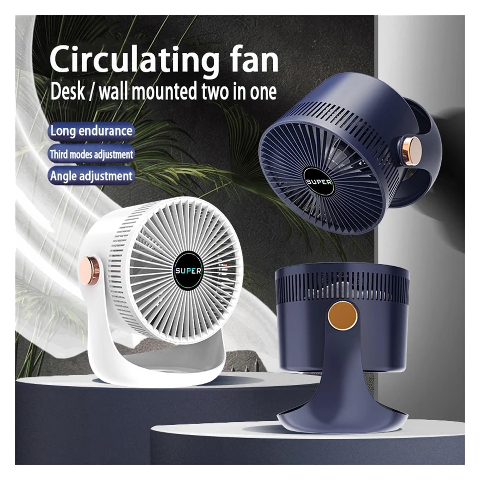 Ventilador de mesa recargable, Ventilador de circulación aire, carga USB, mesa doméstica, agitación, escritorio, oficina, Turbo convección(Blue)