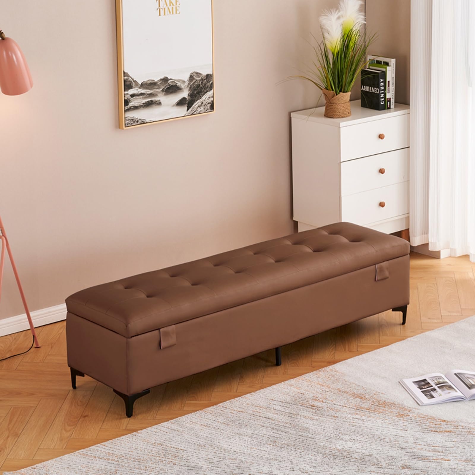 Banc de rangement coffre ottoman rectangulaire en similicuir avec loquet