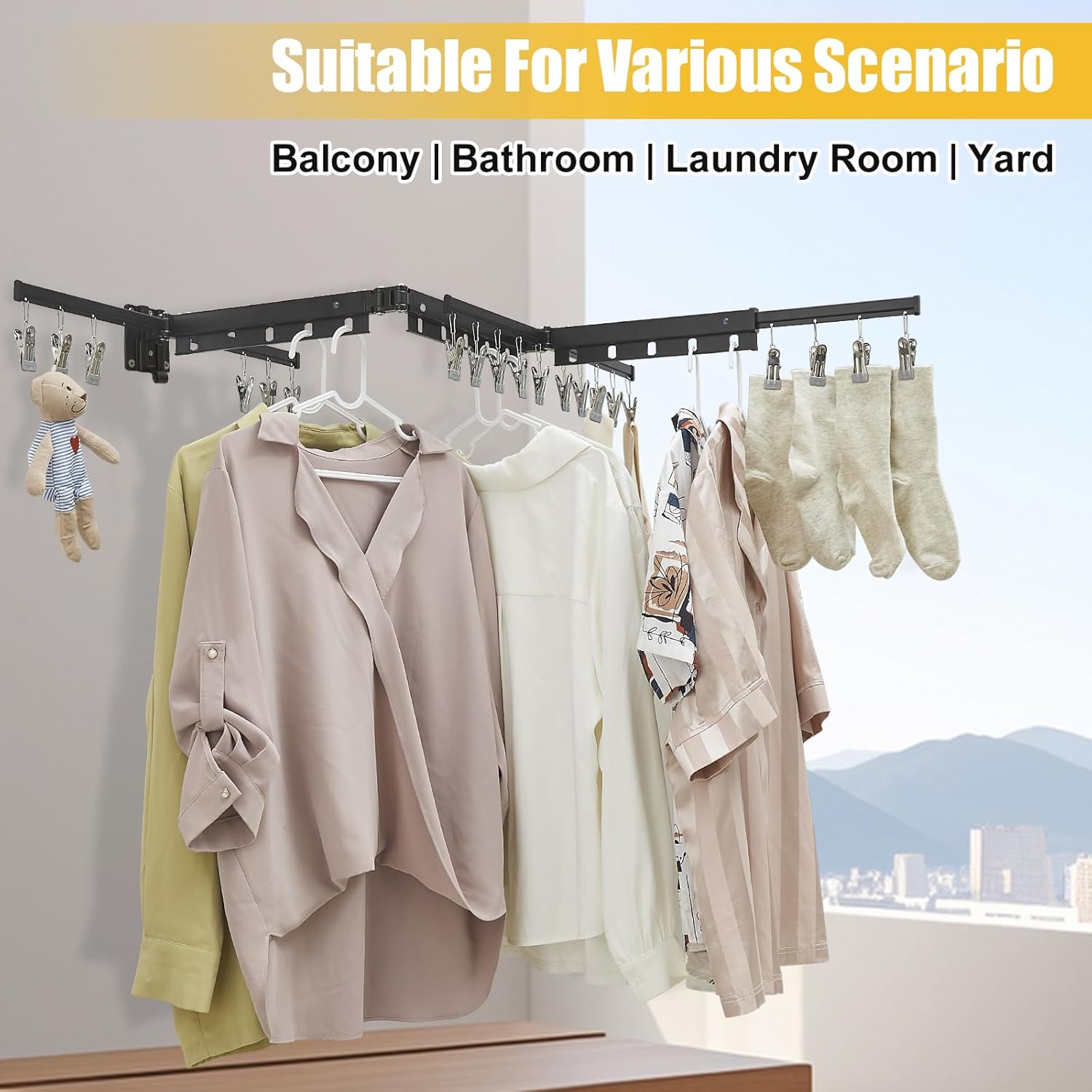 BESy Tri-Fold Foldable Clothes Drying Rack Retractable Hanging Collapsible Dryer Hanger Racks for Laundry Balcony Bathroom Space Saver Outdoor Indoor 20 Clips Aluminum Alloy Wall Mounted Matte Black