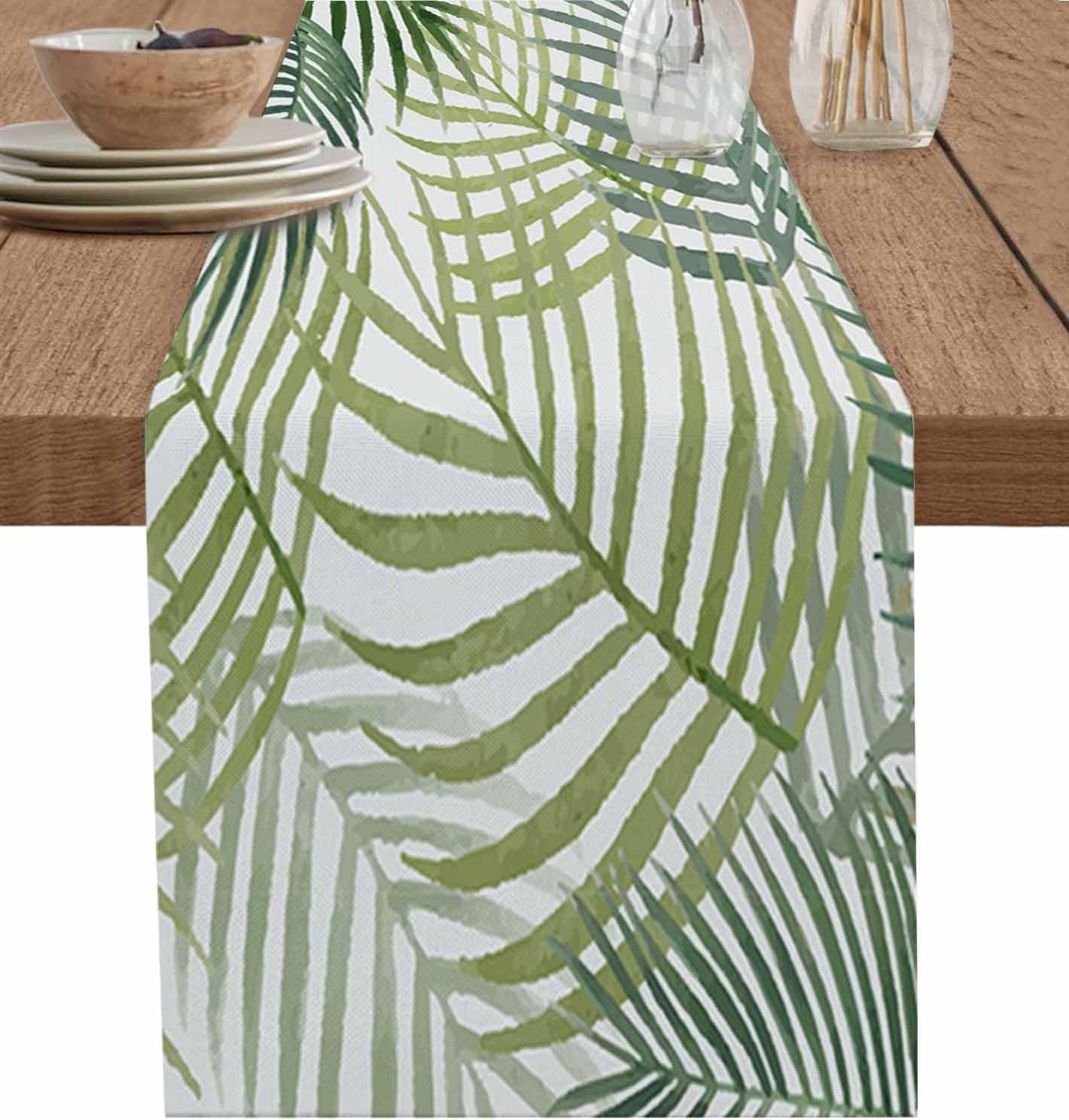 Greeeen Cotton Linen Table Runner, Tropical Palm Leaves Kitchen Table Runners for Family Dinner, Banquet, Parties and Celebrations, Tropical Plant Table Decor, 18 x 72 inch