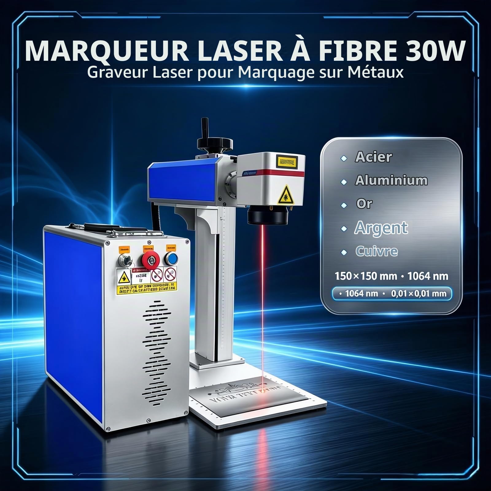 30W Graveur Laser Fibre Machine de Marquage de Fibre Optique 150mmx150mm Machine de Gravure Laser de Marquage à L'état Solide Pour Métal/Aluminium/Or/Argent/Bijoux Avec Ezcad Logiciel