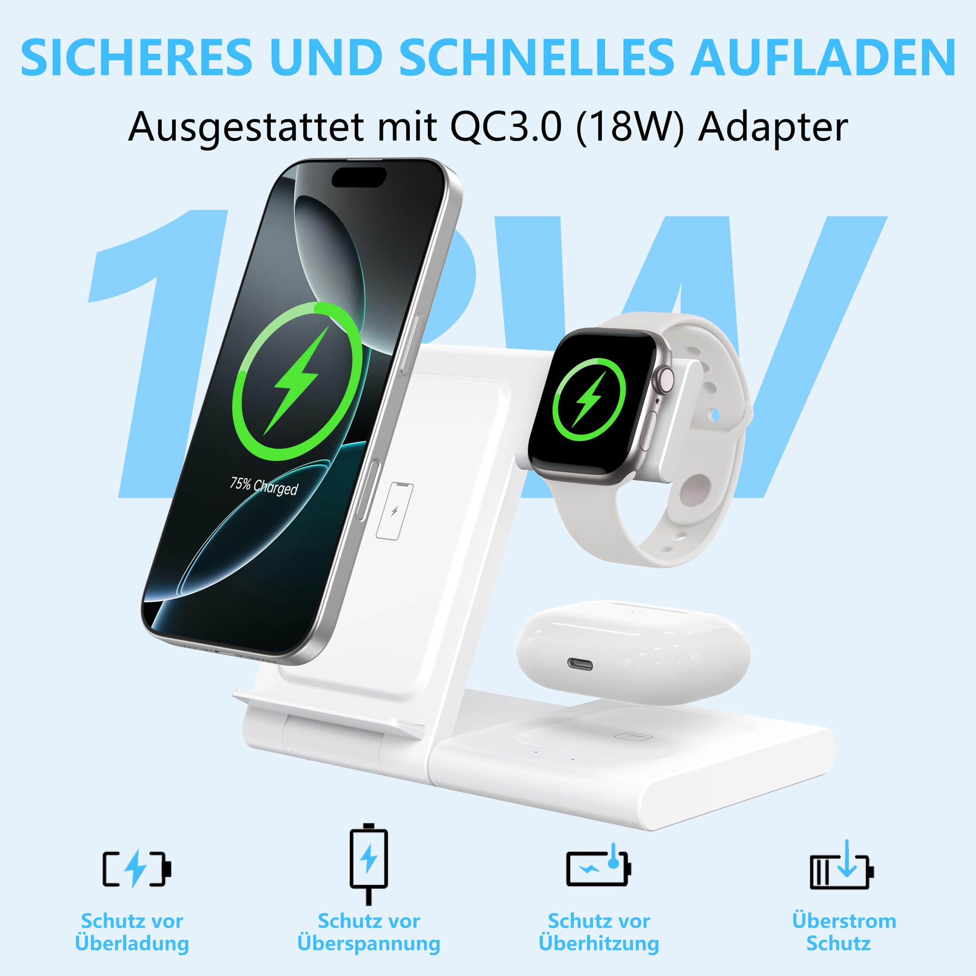Ladestation Apple Watch und iPhone, 3 in 1 Ladestation für iPhone 17/16/15/14/13/12/11/Pro/Max/Plus, Apple Watch Ultra 3/11/10/9/8/7/6/SE 3, für AirPods 4/3/2/Pro 3 (Weiß)