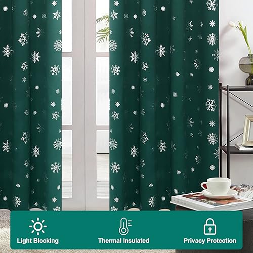 Miniatura 5 de FRAMICS Cortinas de Navidad con estampado de copos de nieve, cortinas opacas con aislamiento térmico para sala de estar y dormitorio, cortinas de