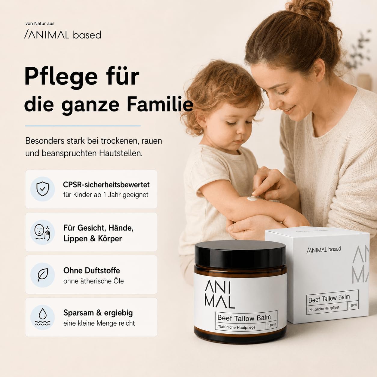 Animal Based Beef Tallow Balm 110ml - Rindertalg Gesichtscreme - Natürliche Hautpflege mit Rinderfett, Olivenöl, Bienenwachs & Vitamin E - Beef Tallow Creme - Beef Tallow Skincare - halal